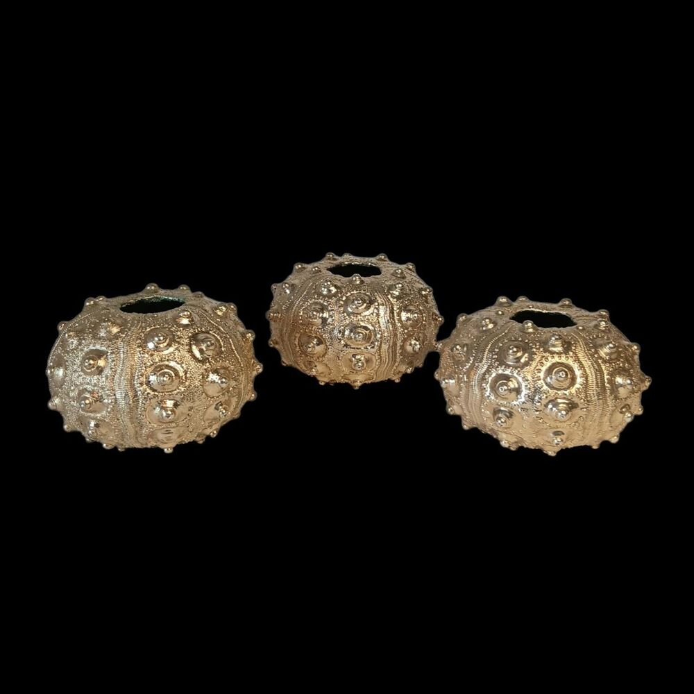Set of 3 Sputnik Real Sea Urchin Candle Holders Painted Metallic Gold 2.5 x 1.75